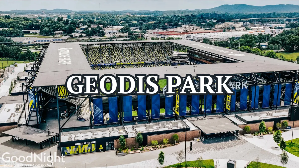 The impressive stadium structure set against the cityscape, surrounded by open space and branding elements. The image evokes excitement, large-scale events, and the kind of entertainment mentioned in the section (like concerts and Titans games).