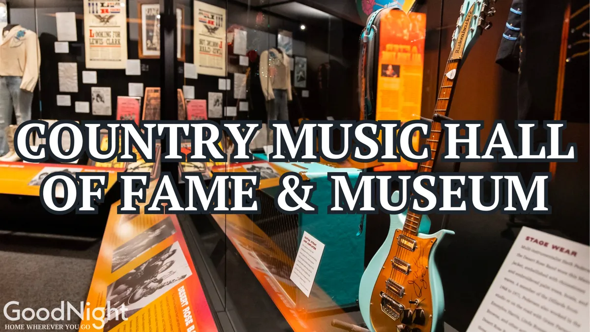An interior museum exhibit featuring display cases filled with guitars, stage wear, and informational plaques. Visitors explore music history and interactive exhibits that immerse them in the country music legacy.