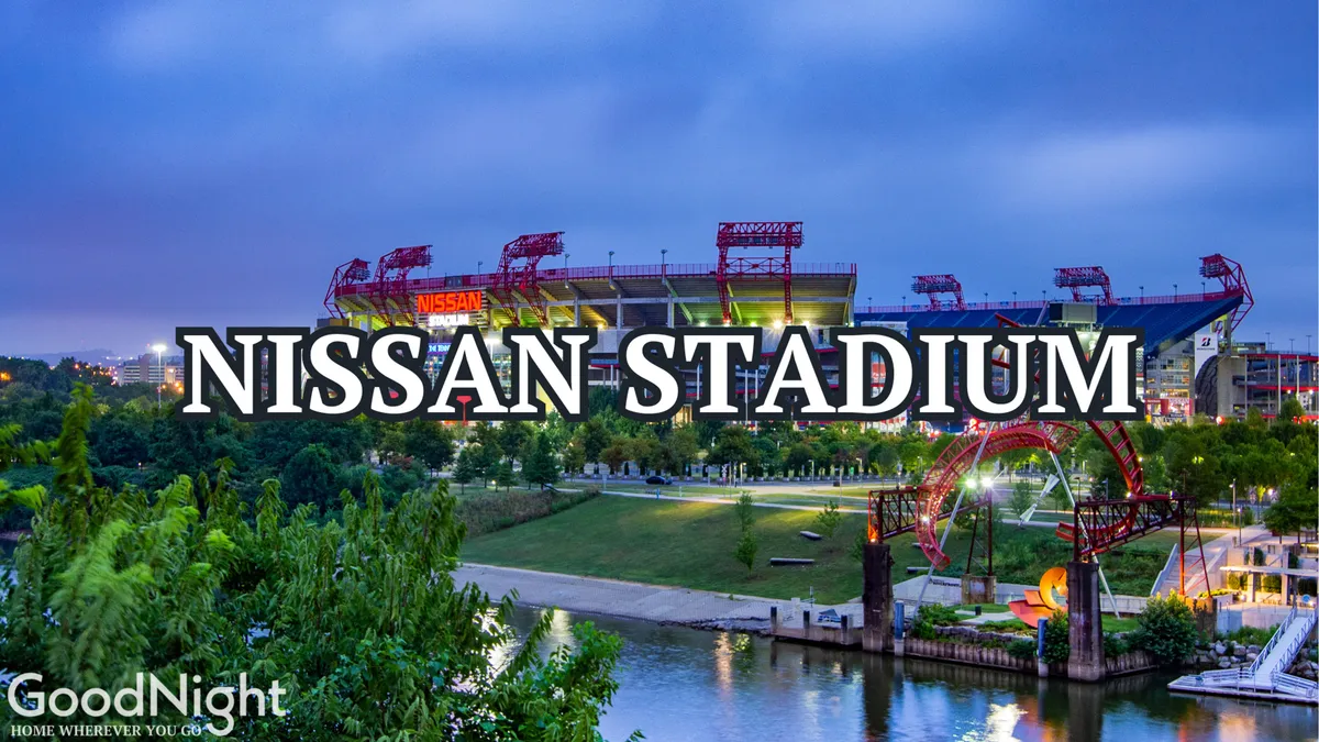 A panoramic view of Nissan Stadium set against the riverfront park, with the city skyline and greenery in the background. The open space is lively and vibrant, suggesting opportunities for events, sports, and outdoor gatherings.